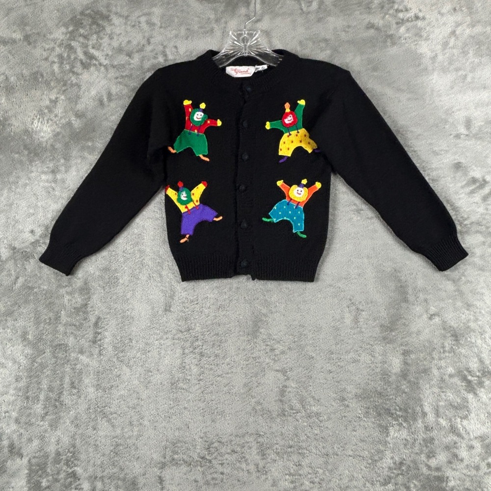 Vintage Kids Grand Knitwear Clown Embroidered Cardigan Sweater 5/6 Youth Black